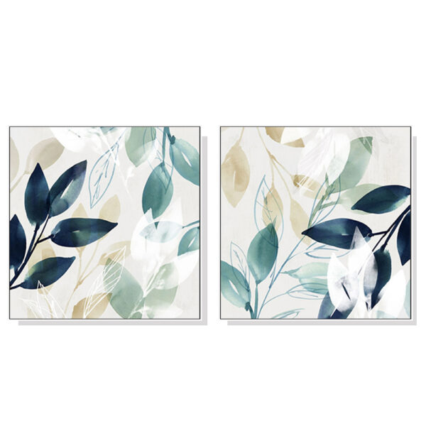 Wall Art 60cmx60cm Watercolour  leaves 2 Sets White Frame Canvas