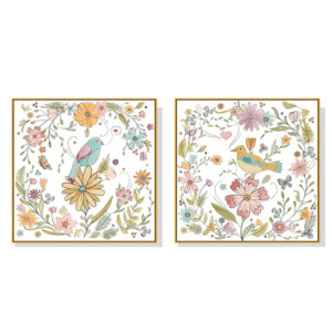 Wall Art 50cmx50cm Floral birds 2 Sets Gold Frame Canvas