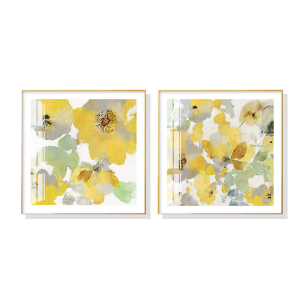 Wall Art 50cmx50cm Yellow Flowers American  2 Sets Gold Frame Canvas