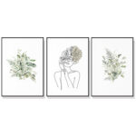 Wall Art 40cmx60cm Botanical Line Girl 3 Sets Black Frame Canvas