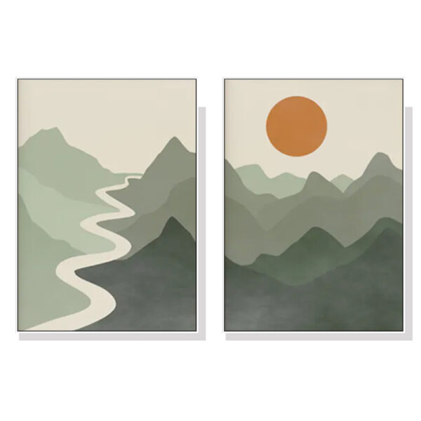 Wall Art 70cmx100cm Sage Green River Mountain 2 Sets White Frame Canvas