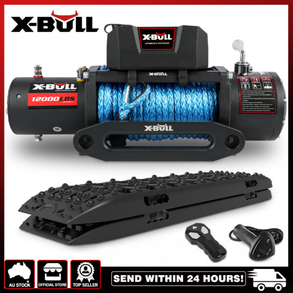 12000LB Electric Winch 12V synthetic rope 4WD with Recovery Tracks Gen3.0 Black