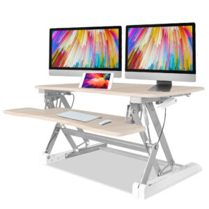 Desk Riser 90cm Wide Adjustable Sit to Stand for Dual Monitor  Keyboard  Laptop  Beech