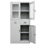 4-Door Lockable Steel Stationery Storage Cabinet  Display Windows  2 Drawers  Grey