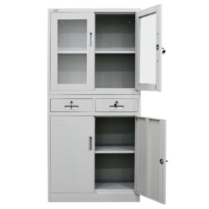 4-Door Lockable Steel Stationery Storage Cabinet  Display Windows  2 Drawers  Grey