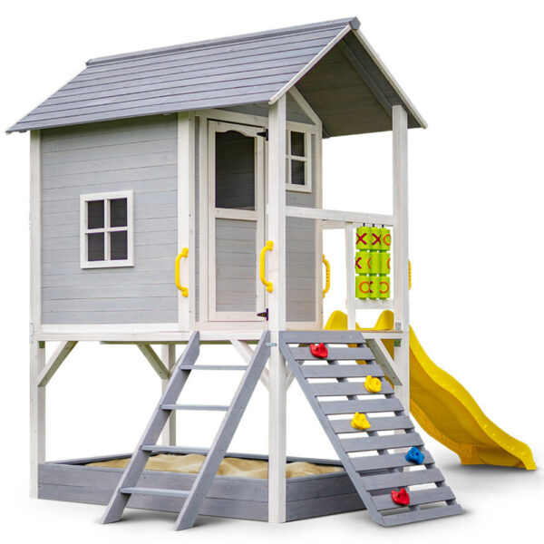 Wooden Tower Cubby House with Slide  Sandpit  Climbing Wall  Noughts & Crosses