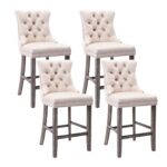 4X Velvet Bar Stools with Studs Trim Wooden Legs Tufted Dining Chairs Kitchen