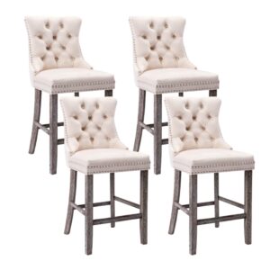 4X Velvet Bar Stools with Studs Trim Wooden Legs Tufted Dining Chairs Kitchen