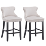 2x Velvet Upholstered Button Tufted Bar Stools with Wood Legs and Studs-Beige