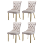 4x Velvet Dining Chairs Upholstered Tufted Kithcen Chair with Solid Wood Legs Stud Trim and Ring-Beige