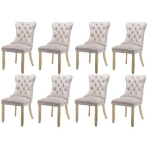 8x Velvet Dining Chairs Upholstered Tufted Kithcen Chair with Solid Wood Legs Stud Trim and Ring-Beige