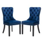 2x Velvet Dining Chairs Upholstered Tufted Kithcen Chair with Solid Wood Legs Stud Trim and Ring-Blue