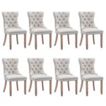 8x AADEN Modern Elegant Button-Tufted Upholstered Fabric with Studs Trim and Wooden legs Dining Side Chair-Beige