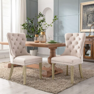 2x Velvet Dining Chairs Upholstered Tufted Kithcen Chair with Solid Wood Legs Stud Trim and Ring-Beige