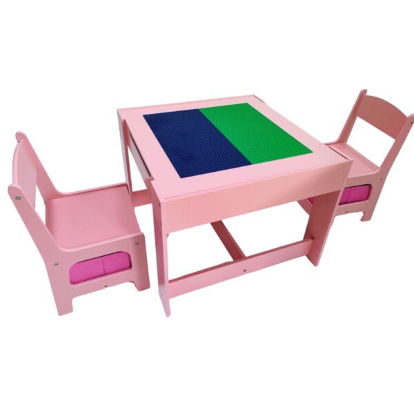 3PCS Kids Table with Lego Baseplate and Chairs Set with Black Chalkboard (Pink) EK-KTCS-105-RHH