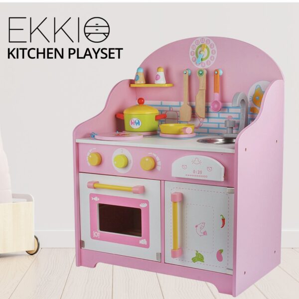 Wooden Kitchen Playset for Kids with Clock (Japanese  Kitchen Set  Pink) EK-KP-109-MS