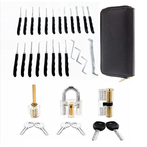 34 Pcs Lock Picking Kit with 3 Transparent Practice Training Padlocks 6 Keys and a Carrying Bag (Black) GO-LPK-100-RYT