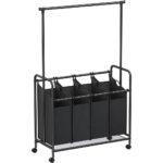 4-Bag Laundry Sorter Rolling Cart with Hanging Bar Heavy-Duty Wheels Black RLS44B