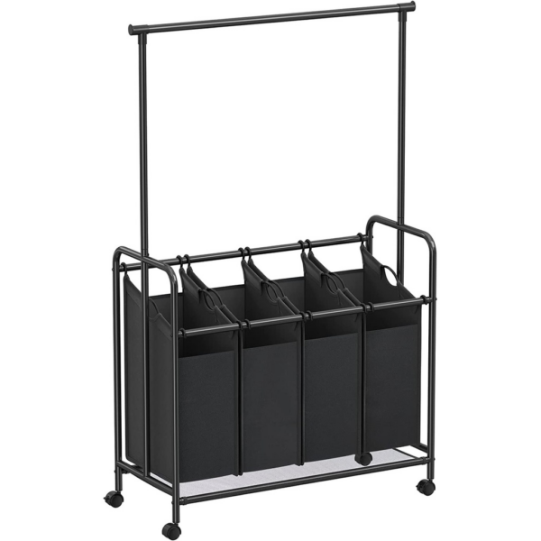 4-Bag Laundry Sorter Rolling Cart with Hanging Bar Heavy-Duty Wheels Black RLS44B