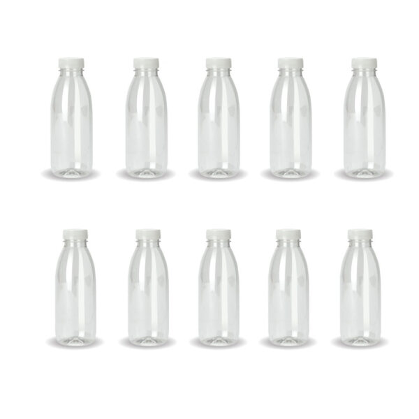 10x 300ml PET Juice Bottles + Tamper Evident Caps - Empty Plastic Recyclable Clear