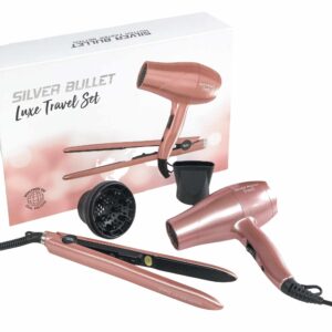 Silver  Mini Hair Dryer and Straightener Iron Luxe Travel Set - Rose Gold