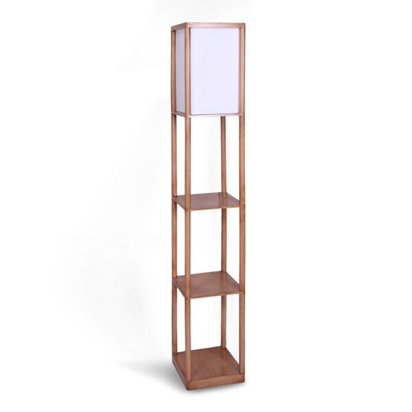 Etagere Floor Lamp Off-White Fabric Shade in Wood Finish