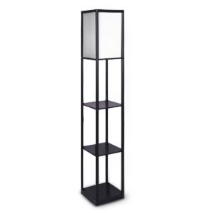 Etagere Floor Lamp Shelves in Black Frame Fabric Shade