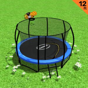 12ft Outdoor Trampoline Kids Children With Safety Enclosure Pad Mat Ladder Basketball Hoop Set - Blue