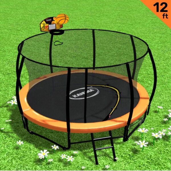 12ft Outdoor Trampoline Kids Children With Safety Enclosure Pad Mat Ladder Basketball Hoop Set - Orange