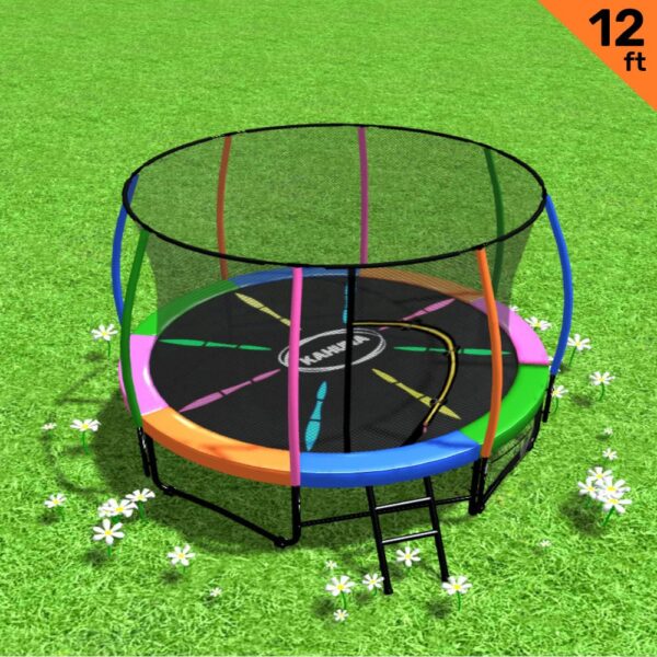 12ft Trampoline Free Ladder Spring Mat Net Safety Pad Cover Round Enclosure - Rainbow