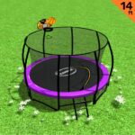 14ft Outdoor Trampoline Kids Children With Safety Enclosure Pad Mat Ladder Basketball Hoop Set - Purple