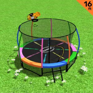 16ft Outdoor Trampoline Kids Children With Safety Enclosure Pad Mat Ladder Basketball Hoop Set - Rainbow