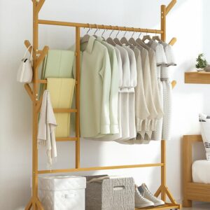 Portable Coat Stand Rack Rail Clothes Hat Garment Hanger Hook with Shelf Bamboo 9 Hook with Rack Rail Natural Finished