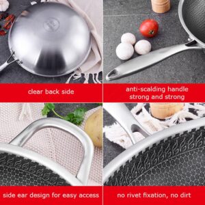 304 Stainless Steel 34cm Non-Stick Stir Fry Cooking Kitchen Wok Pan with Lid Honeycomb Single Sided