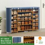 Blue Cover Six Tier Oxford Cloth Covered Tower Bamboo Wooden Shoe Rack Boot Shelf Stand Storage Organizer