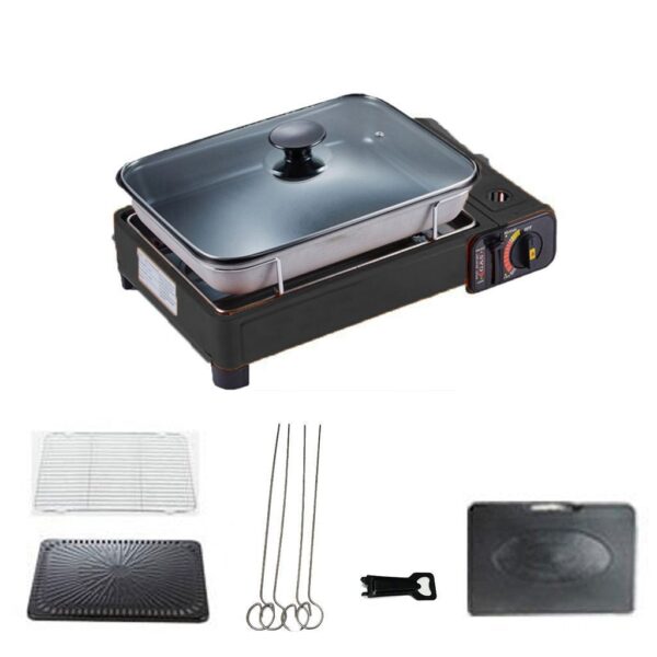 Portable Gas Stove Burner Butane BBQ Camping Gas Cooker With Non Stick Plate Black with Fish Pan and Lid