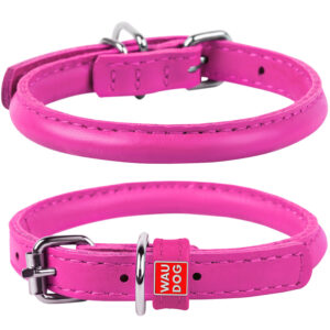 Waudog Leather Round Dog Collar  25-33CM PINK