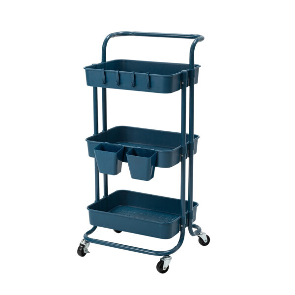 Trolley Cart Storage Utility Rack Shelf Organiser Swivel Kitchen 3 Tier BLUE