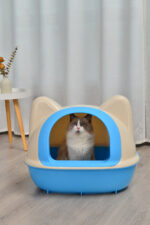 Large Hooded Cat Toilet Litter Box Tray House With Scoop Blue