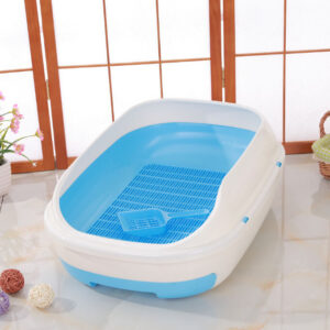 Large Portable Cat Toilet Litter Box Tray with Scoop and Grid Tray-Blue