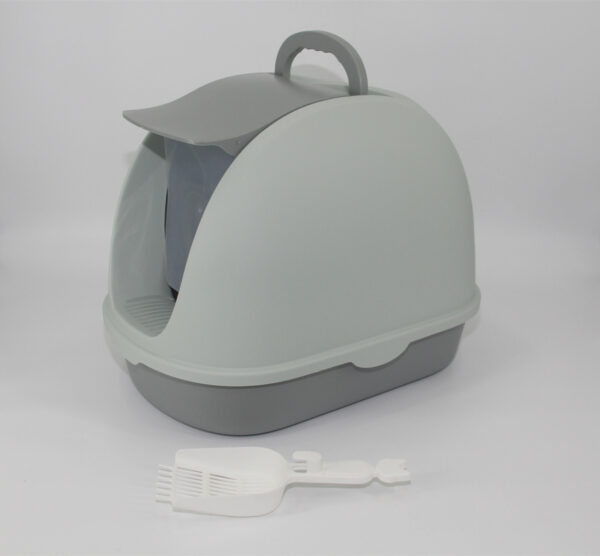 Portable Hooded Cat Toilet Litter Box Tray House with Handle and Scoop Grey