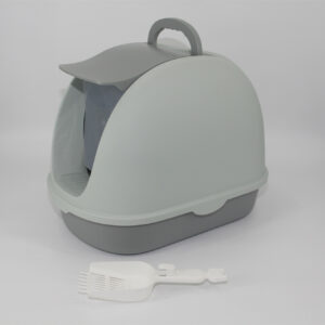 Portable Hooded Cat Toilet Litter Box Tray House with Scoop and Grid Tray Grey