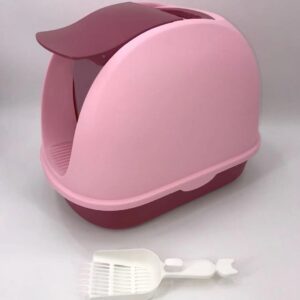 Portable Hooded Cat Toilet Litter Box Tray House with Handle and Scoop Pink