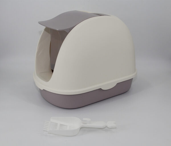 Portable Hooded Cat Toilet Litter Box Tray House with Scoop and Grid Tray White