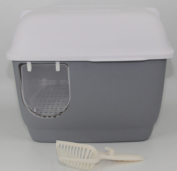 XL Portable Hooded Cat Toilet Litter Box Tray House with Handle and Scoop Grey