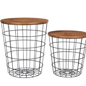 YES4HOMES Vintage Round Coffee Tables Set of 2 Side Tables Robust Steel Frame for Living Room Bedroom Rustic Brown and Black