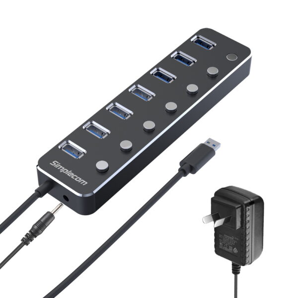 CH375PS Aluminium 7 Port USB 3.0 Hub with Individual Switches and Power Adapter