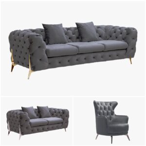 Grand Tufted Lounge - Dark Grey Velvet - Gold Legs