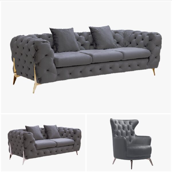 Grand Tufted Lounge - Dark Grey Velvet - Gold Legs