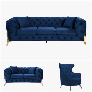 Grand Tufted Lounge - Blue Velvet - Gold Legs